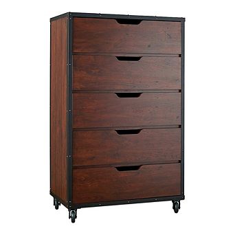 ENITIAL STAR Chevy Wood 5-Drawer Chest with Casters in Vintage Walnut