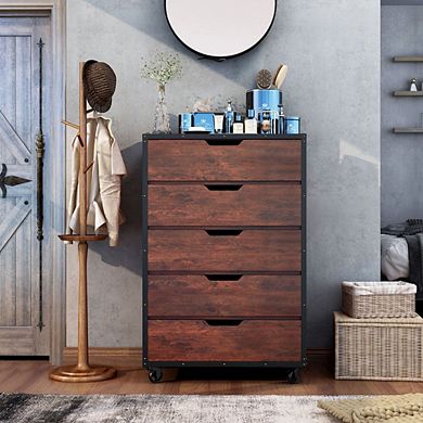 ENITIAL STAR Chevy Wood 5-Drawer Chest with Casters in Vintage Walnut