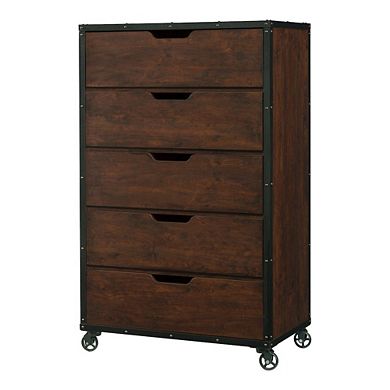ENITIAL STAR Chevy Wood 5-Drawer Chest with Casters in Vintage Walnut