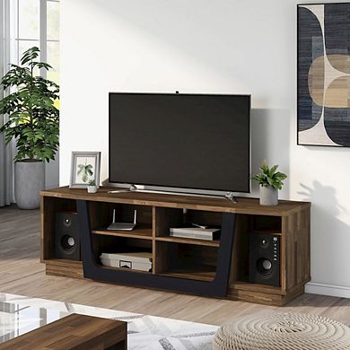 ENITIAL STAR Hart Wood 6-Shelf TV Stand in Light Hickory Brown