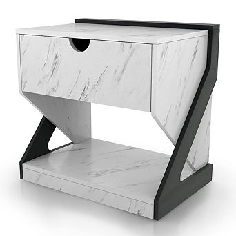 ENITIAL STAR Glanz 24W Wood 1-Drawer Nightstand in White Marble