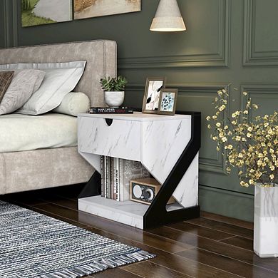 ENITIAL STAR Glanz 24W Wood 1-Drawer Nightstand in White Marble