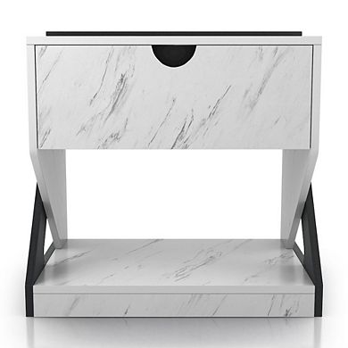 ENITIAL STAR Glanz 24W Wood 1-Drawer Nightstand in White Marble