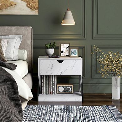 ENITIAL STAR Glanz 24W Wood 1-Drawer Nightstand in White Marble