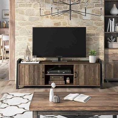 ENITIAL STAR Acres Farmhouse Wood 6-Shelf TV Console in Brown