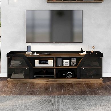 ENITIAL STAR Mounthill 8-Shelf Wood 70 TV Stand with 2 Doors, Light Hickory