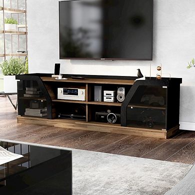 ENITIAL STAR Mounthill 8-Shelf Wood 70 TV Stand with 2 Doors, Light Hickory