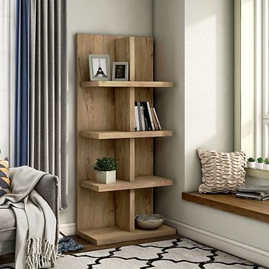 ENITIAL STAR Santo Wood 4-Shelf Bookcase in Light Oak