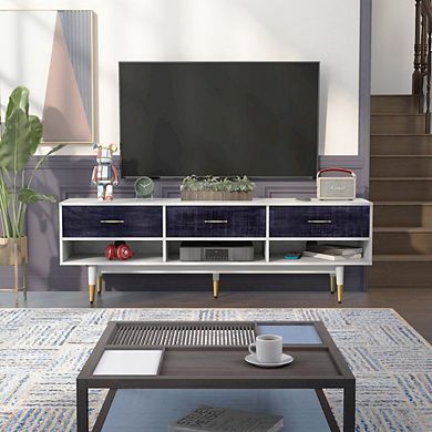 ENITIAL STAR Fabiano 3-Drawer and 3-Shelf Solid Wood 70 TV Stand, Rustic Navy Blue