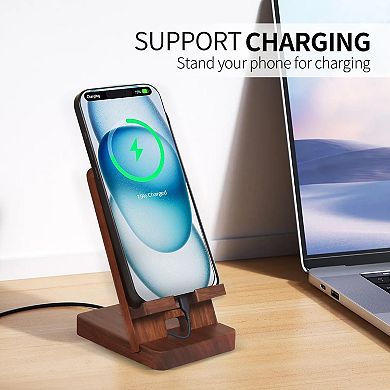 Natural Walnut Wood Desk Phone Stand, Magnetic, Portable