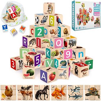 QUOKKA Montessori Wooden ABC Blocks  35 Realistic Alphabet & Number Learning Toys for Kids 2-4