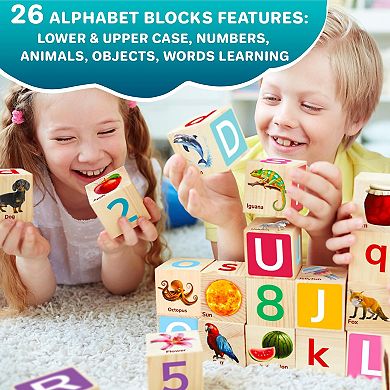 QUOKKA Montessori Wooden ABC Blocks 35 Realistic Alphabet & Number Learning Toys for Kids 2-4