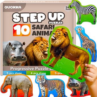 QUOKKA Floor Puzzles for Toddlers 2-4 - 8 Realistic Safari Animal Shapes - Extra-Thick 40 pc Set