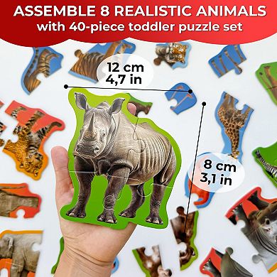 QUOKKA Floor Puzzles for Toddlers 2-4 - 8 Realistic Safari Animal Shapes - Extra-Thick 40-Piece Set