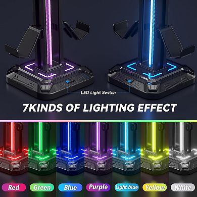 RGB Headset Stand with 9 Light Modes,Controller Holder for Desk,Rotatable Stand