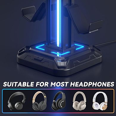 RGB Headset Stand with 9 Light Modes,Controller Holder for Desk,Rotatable Stand