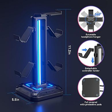 RGB Headset Stand with 9 Light Modes,Controller Holder for Desk,Rotatable Stand