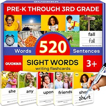 QUOKKA Sight Words 520 Flash Cards for Kids Real Images, Bold Font, 5 Levels, Dry-Erase Rings Set