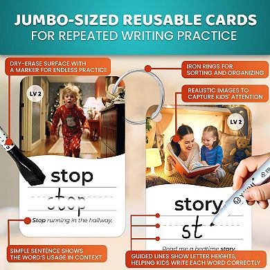 QUOKKA Sight Words 520 Flash Cards for Kids Real Images, Bold Font, 5 Levels, Dry-Erase Rings Set