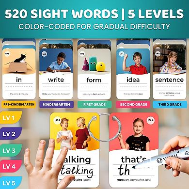 QUOKKA Sight Words 520 Flash Cards for Kids Real Images, Bold Font, 5 Levels, Dry-Erase Rings Set