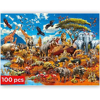 QUOKKA Jigsaw Puzzles 100 pc Africa Animals for Kids 5-8 Years Floor Learning Toy for Boy and Girl