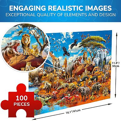 QUOKKA Jigsaw Puzzles 100 PCS Africa Animals for Kids 5-8 Years Floor Learning Toy for Boy and Girl