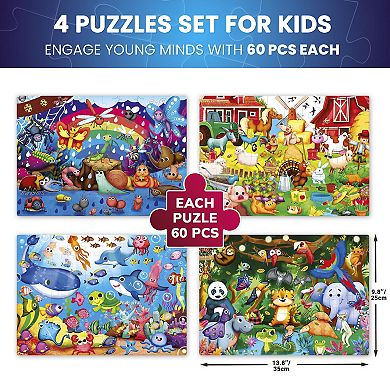 QUOKKA 4x60 Glow-in-the-Dark Puzzles for Kids 4-6 Farm, Bugs, Tropical & Ocean Animal Fun