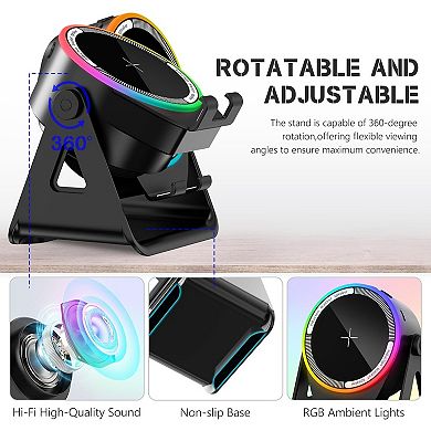 Induction Speaker, Multifunctional Bluetooth Phone Holder with RGB Light 360° Rotation