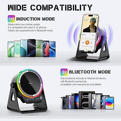 Induction Speaker, Multifunctional Bluetooth Phone Holder with RGB Light 360° Rotation