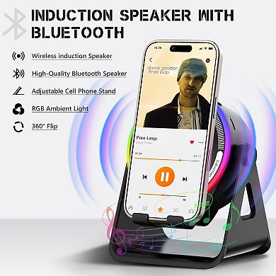 Induction Speaker, Multifunctional Bluetooth Phone Holder with RGB Light 360° Rotation