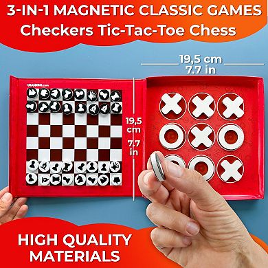 QUOKKA Magnetic 3-in-1 Travel Game for Kids Chess, Checkers & Tic Tac Toe for Ages 4-8