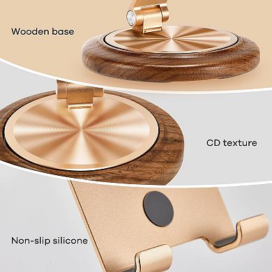 Adjustable Foldable Phone Stand for Desk - Durable Aluminum & Walnut Wood