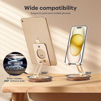 Adjustable Foldable Phone Stand for Desk - Durable Aluminum & Walnut Wood