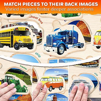 QUOKKA Set of 3 Wooden Montessori Puzzles Realistic Fruits - Cars - Vegetables for Kids 2-4 Years