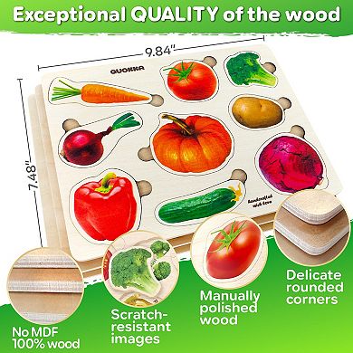 QUOKKA Set of 3 Wooden Montessori Puzzles Realistic Fruits - Cars - Vegetables for Kids 2-4 Years