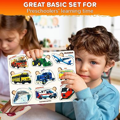 QUOKKA Set of 3 Wooden Montessori Puzzles Realistic Fruits - Cars - Vegetables for Kids 2-4 Years