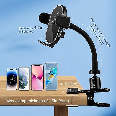 Hands-Free Clip Phone Holder with Auto-Locking Clamp & Adjustable Metal Arm