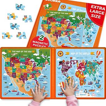 QUOKKA Set of 2 Magnetic Puzzles 48 States & World Maps for Kids 4-6 Years Country Learning Magnet