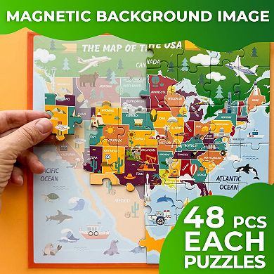 QUOKKA Set of 2 Magnetic Puzzles 48 States & World Maps for Kids 4-6 Years Country Learning Magnet