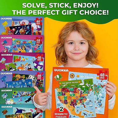 QUOKKA Set of 2 Magnetic Puzzles 48 States & World Maps for Kids 4-6 Years Country Learning Magnet