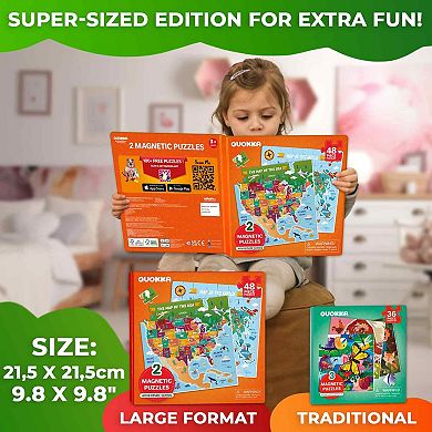 QUOKKA Set of 2 Magnetic Puzzles 48 States & World Maps for Kids 4-6 Years Country Learning Magnet