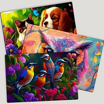 QUOKKA Set of 3 Dementia Jigsaw Puzzles with Cat, Dog, & Bird - 13 pc Alzheimers Puzzle for Elderly