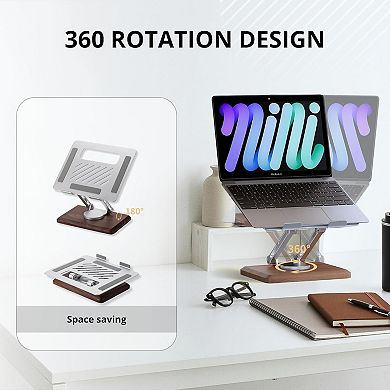 Laptop Stand for Desk, Laptop Riser with 360 Rotating Walnut Base, Adjustable Laptop Stand