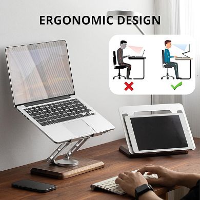 Laptop Stand for Desk, Laptop Riser with 360 Rotating Walnut Base, Adjustable Laptop Stand