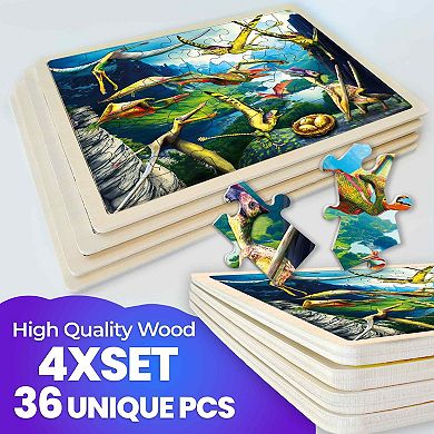 QUOKKA Set 4 Realistic Wooden Puzzles 36 Pcs Land, Sea, Desert, & Sky Dinosaurs for Kids 4-6 Years