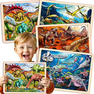 QUOKKA Set 4 Realistic Wooden Puzzles 36 Pcs Land, Sea, Desert, & Sky Dinosaurs for Kids 4-6 Years