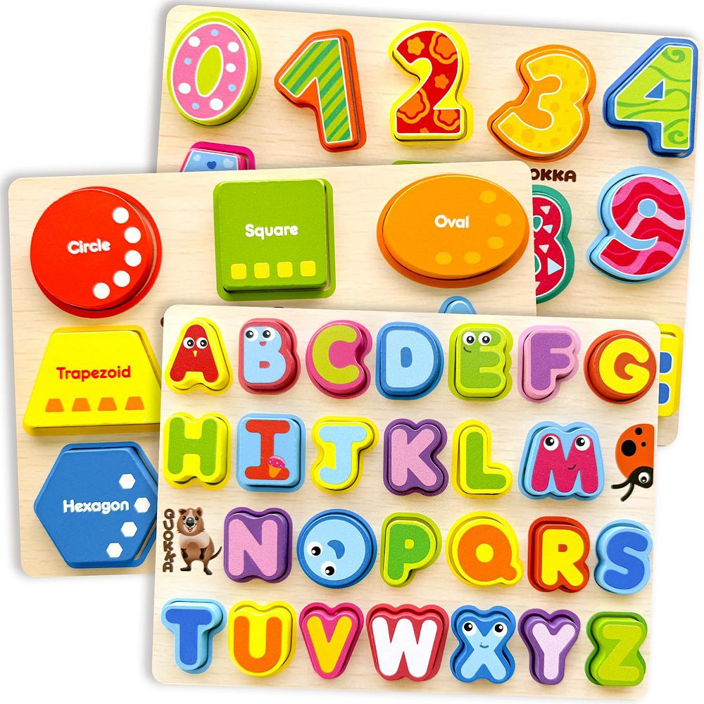 QUOKKA Chunky Wooden Puzzles for Kids 2-4 Numbers, Alphabet