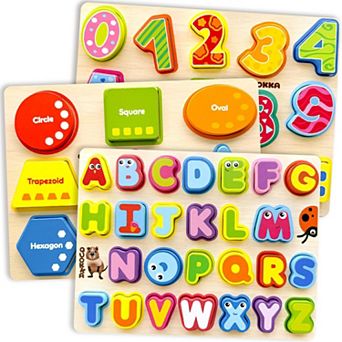 QUOKKA Chunky Wooden Puzzles for Kids 2-4 Numbers, Alphabet & Shapes Learning Travel Game