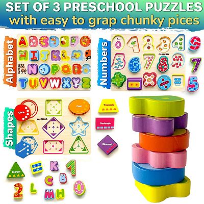 QUOKKA Chunky Wooden Puzzles for Kids 2-4 Numbers, Alphabet