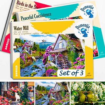 QUOKKA Set of 3 Dementia Jigsaw Puzzles with Birds and Cats - 63 pc Alzheimers Puzzle for Elderly